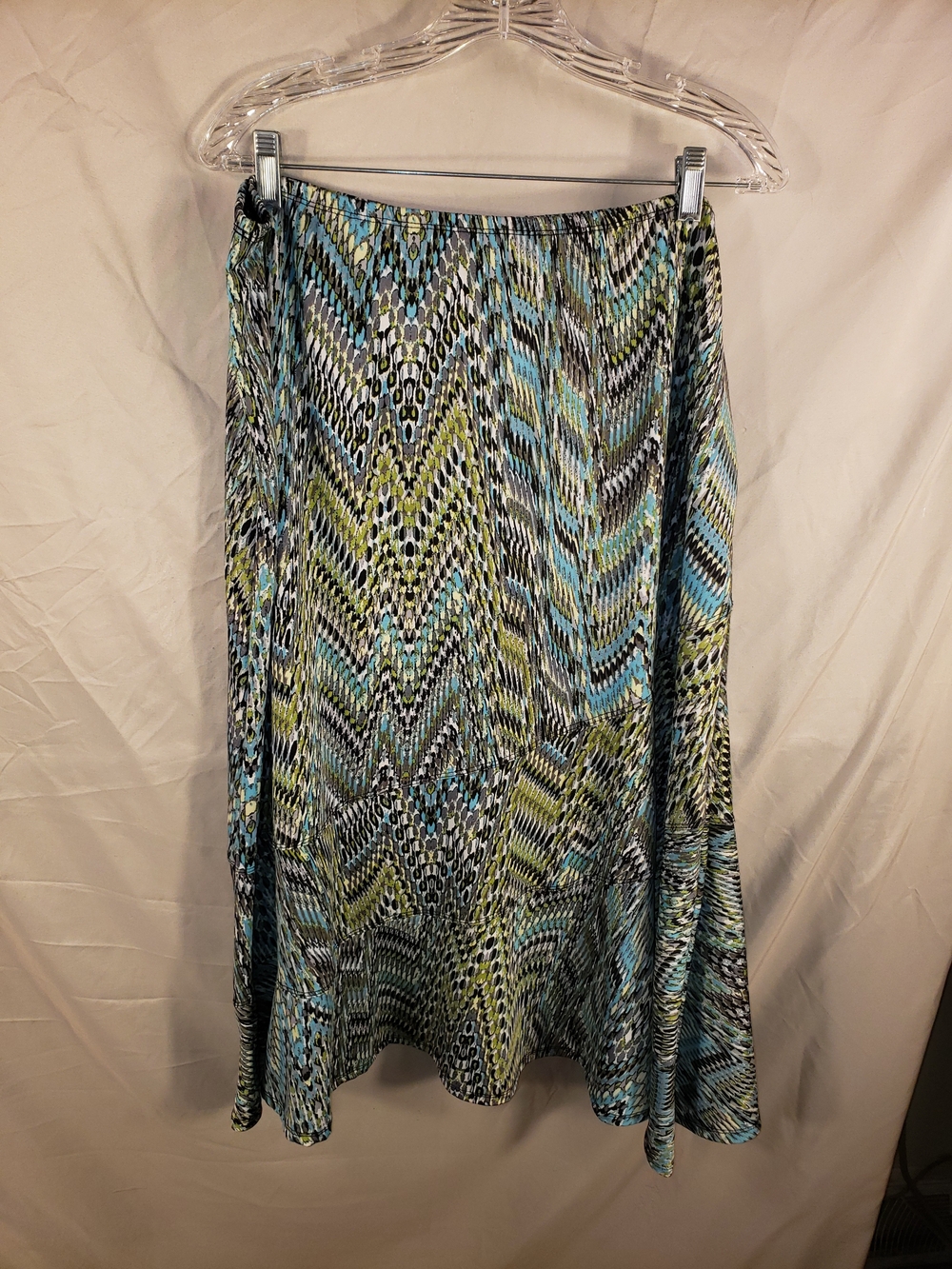 Kim Rogers A-Line Midi Skirt in Blue, Green & Black Chevron Print - 2X